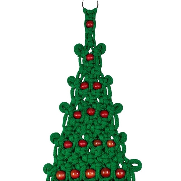 Vintage 70’s Handmade Macrame Green & Red Christmas Tree Hanging - Picture 3 of 9